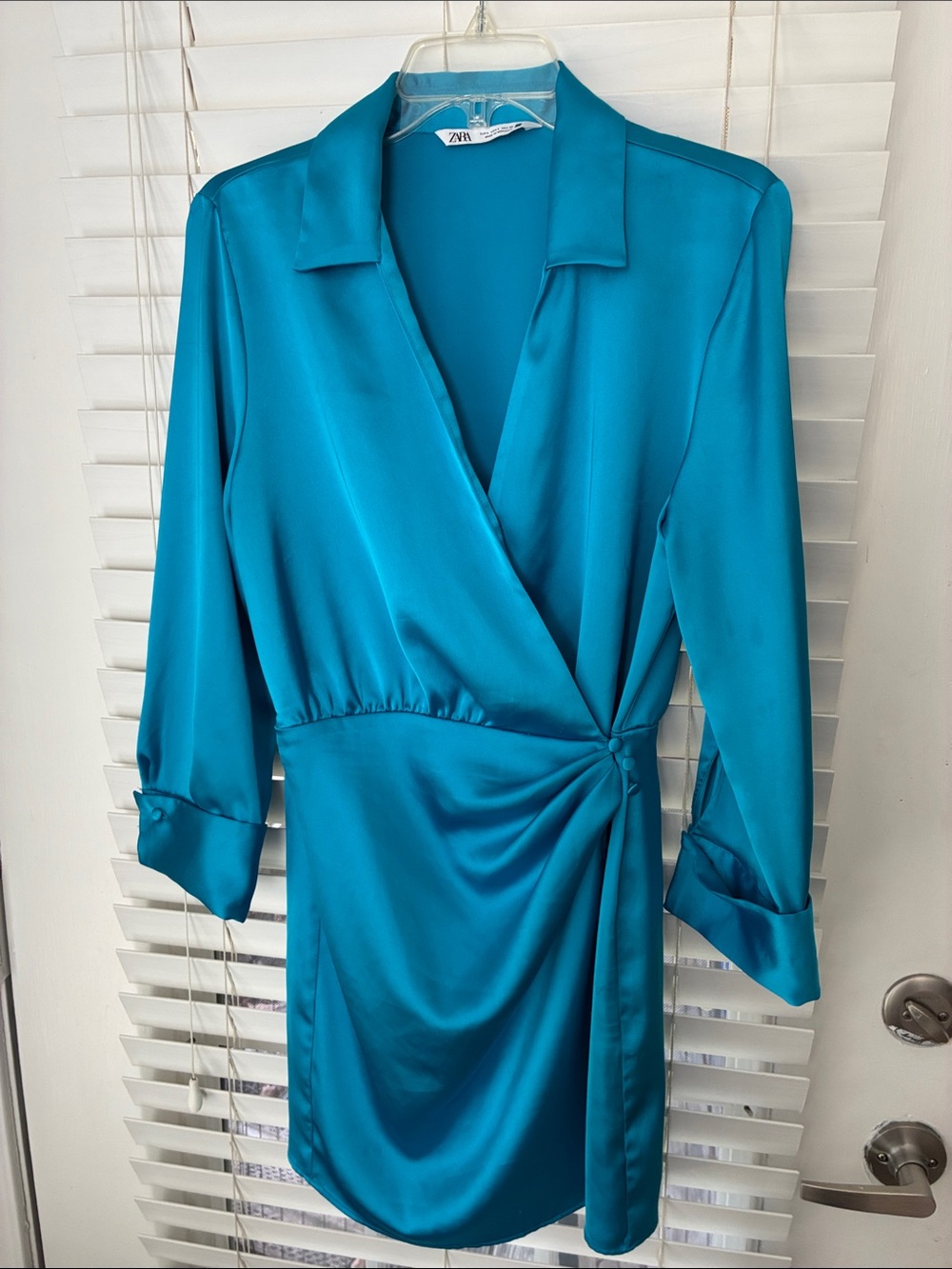 Zara Turquoise Blue Satin Wrap Dress SZ L